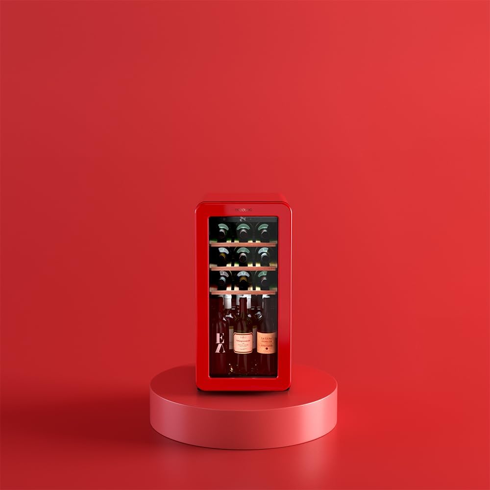 Cecotec Vinoteca 18 Botellas Retro Bolero Grandsommelier Origin 18 Hit Red. Acabo En Rojo Con Control LED, Temp. 5-20ºC, Compresor, NoFrost, Estantes Cadera, Cuz Interior, Ventilación