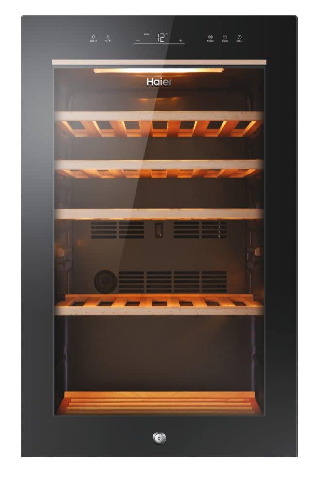Haier Wine Bank 50 Series 3 HWS34GGH1 - Vinoteca 34 botellas, WIFI, Estantes de madera, Filtro Anti-UV, Filtro de carbón, Filtro de carbón, Display Digital, Iluminación LED, Silenciosa 37 dbA, Negra