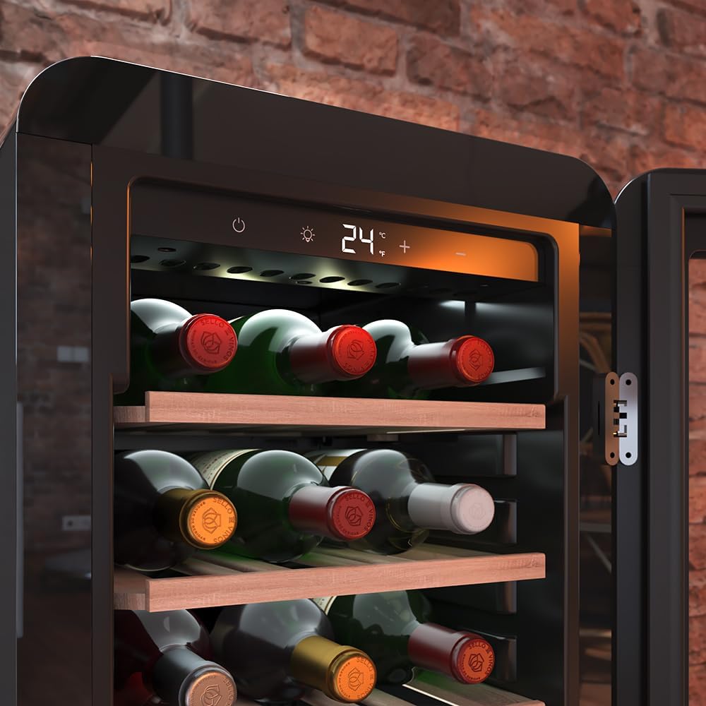 Cecotec Vinoteca 18 Botellas Retro Bolero Grandsommelier Origin 18 Hit Red. Acabo En Rojo Con Control LED, Temp. 5-20ºC, Compresor, NoFrost, Estantes Cadera, Cuz Interior, Ventilación
