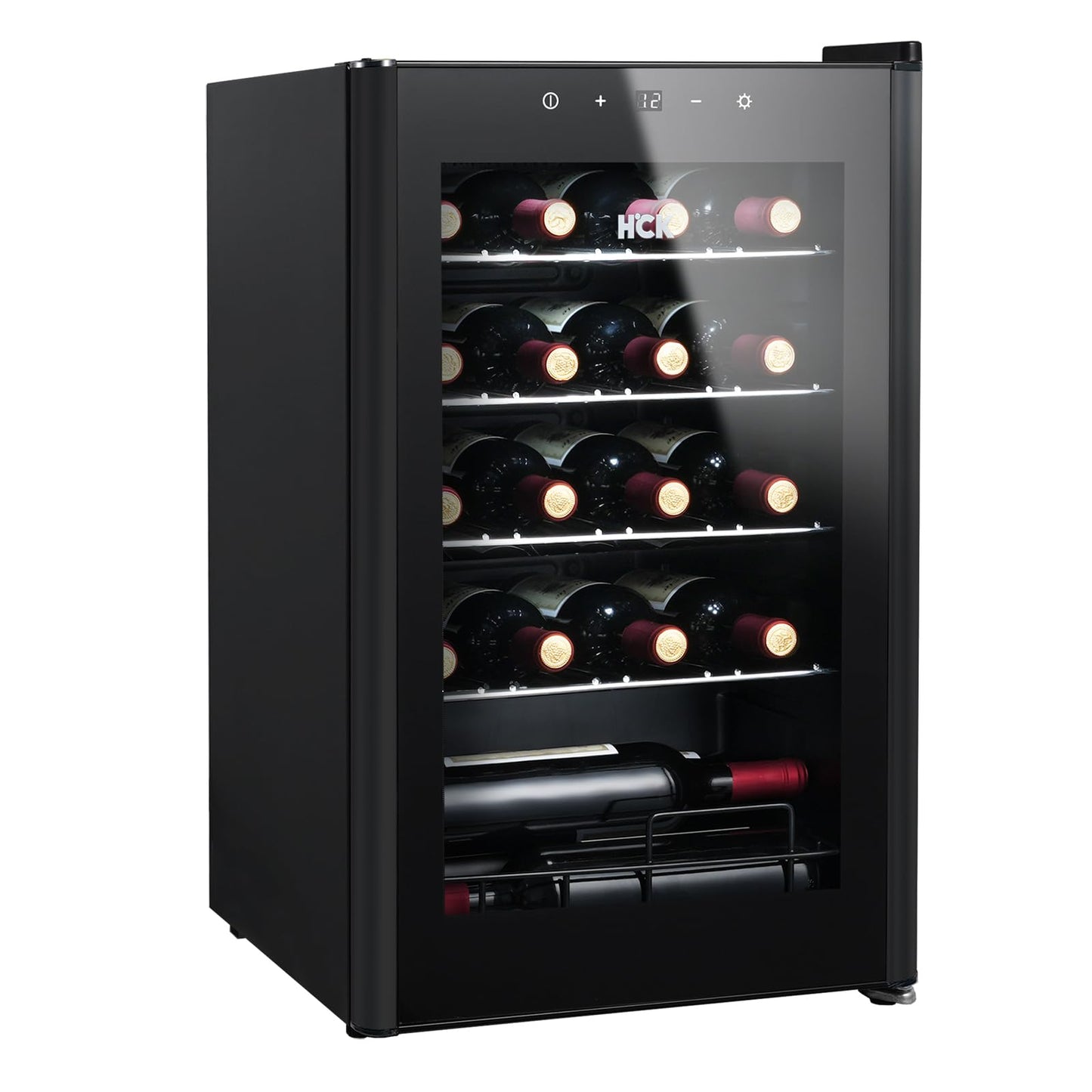 HCK Vinoteca, Nevera para Vinos 1 Zona de Refrigeración, 48 Botellas, 115 L, 4-22°C, Pequeña Nevera de 85 cm de Altura Con Panel Táctil, Nevera Silenciosa con Puerta de Vidrio, Negro