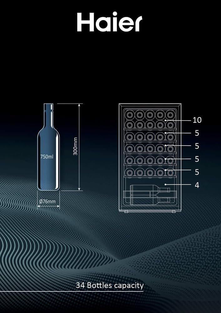 Haier Wine Bank 50 Series 3 HWS34GGH1 - Vinoteca 34 botellas, WIFI, Estantes de madera, Filtro Anti-UV, Filtro de carbón, Filtro de carbón, Display Digital, Iluminación LED, Silenciosa 37 dbA, Negra