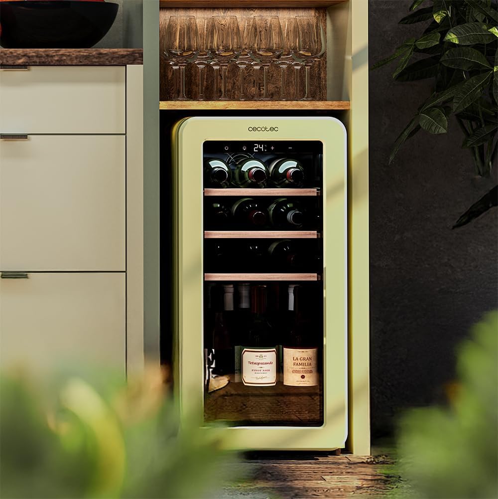 Cecotec Vinoteca 18 Botellas Retro Bolero Grandsommelier Origin 18 Hit Red. Acabo En Rojo Con Control LED, Temp. 5-20ºC, Compresor, NoFrost, Estantes Cadera, Cuz Interior, Ventilación