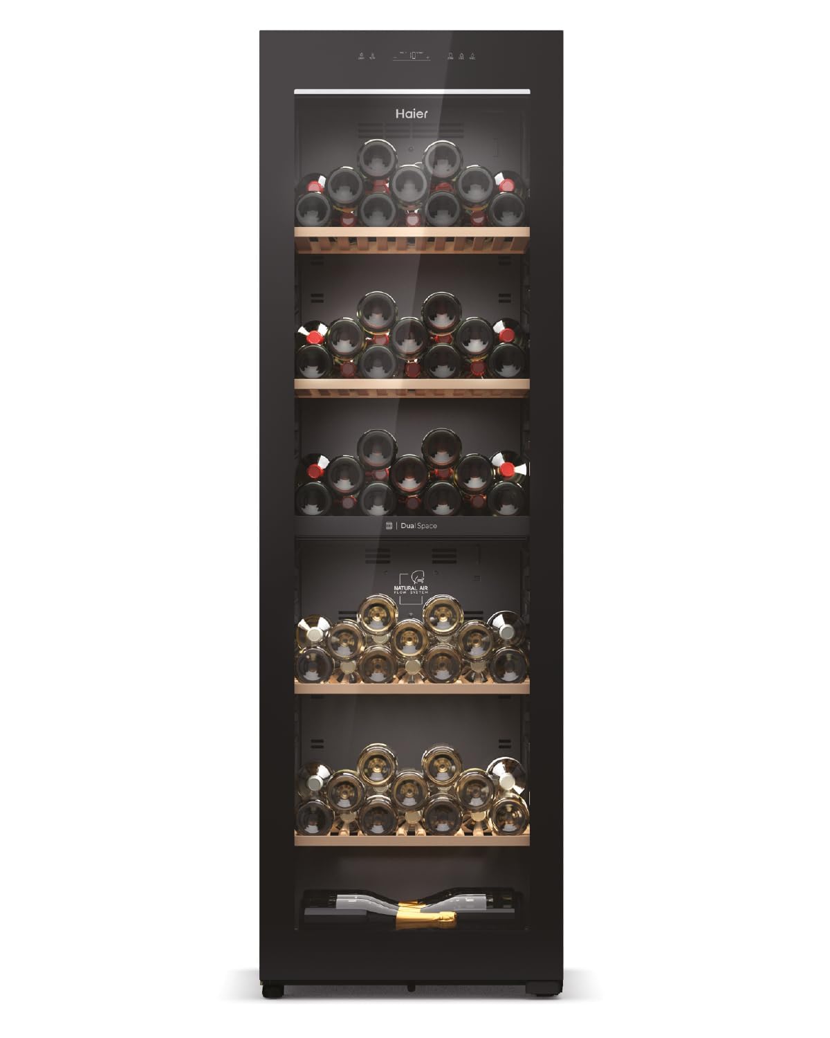 Haier Wine Bank 50 Series 7 HWS42GDAU1- Vinoteca de 42 botellas, Estantes de madera, Filtro Anti-UV, Filtro de carbón, Refrigeración por Compresor, Display Digital, Iluminación LED, Silenciosa 37 dbA