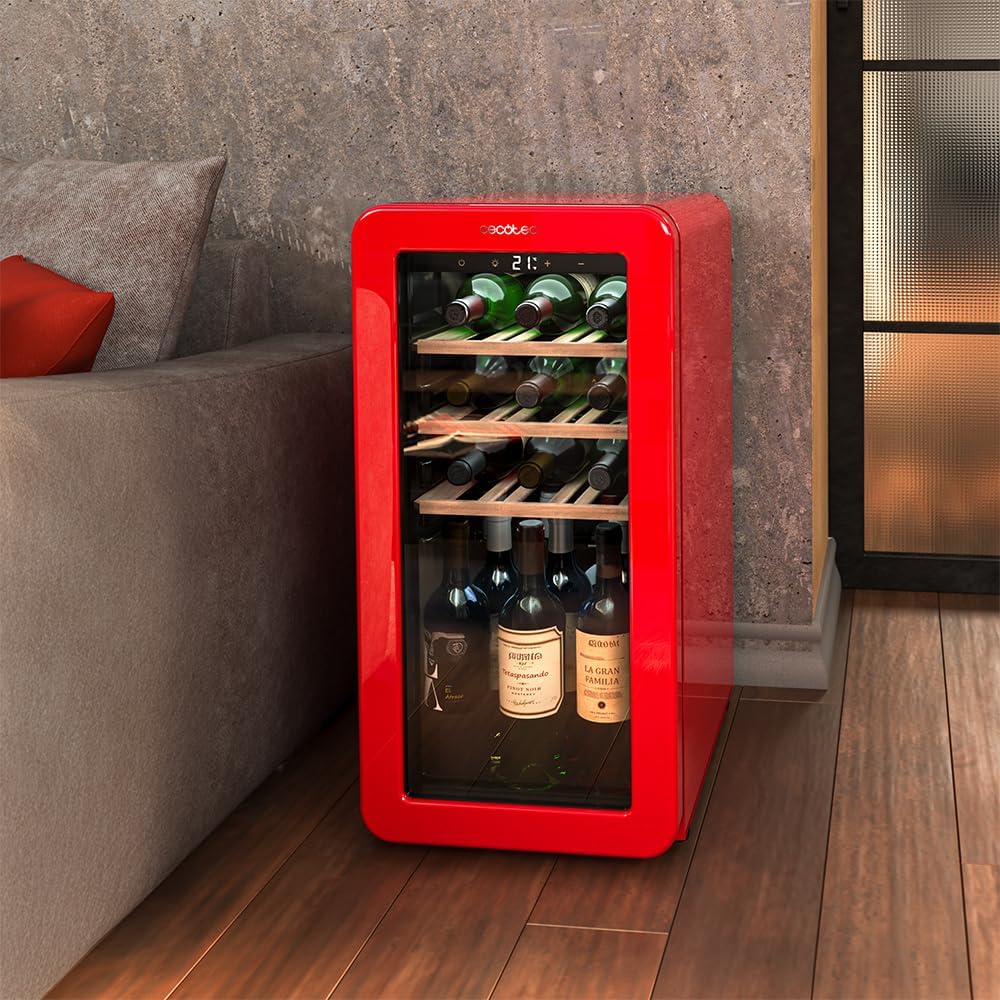 Cecotec Vinoteca 18 Botellas Retro Bolero Grandsommelier Origin 18 Hit Red. Acabo En Rojo Con Control LED, Temp. 5-20ºC, Compresor, NoFrost, Estantes Cadera, Cuz Interior, Ventilación