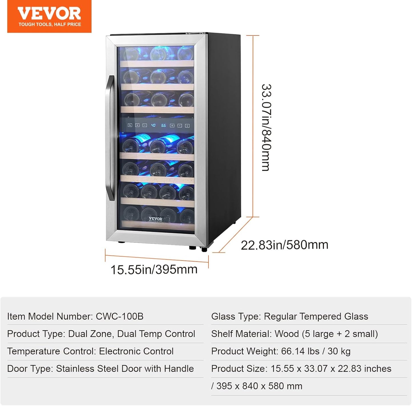 VEVOR Enfriador de Vino para 33 Botellas de Doble Zona y Temperatura, Independiente con Refrigeración por Aire Circulante y Control Digital, Puerta de Vidrio Templado Protección UV, 395 x 580 x 840 mm