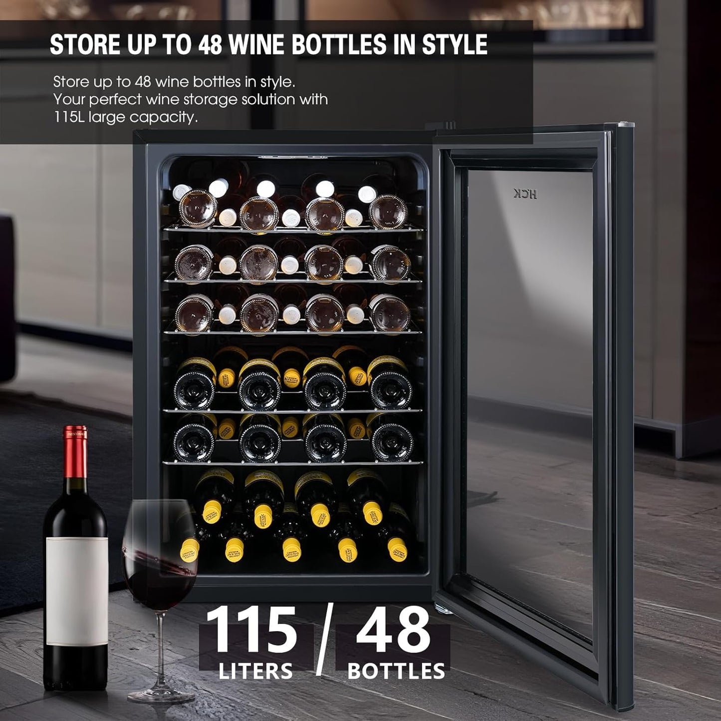 HCK Vinoteca, Nevera para Vinos 1 Zona de Refrigeración, 48 Botellas, 115 L, 4-22°C, Pequeña Nevera de 85 cm de Altura Con Panel Táctil, Nevera Silenciosa con Puerta de Vidrio, Negro