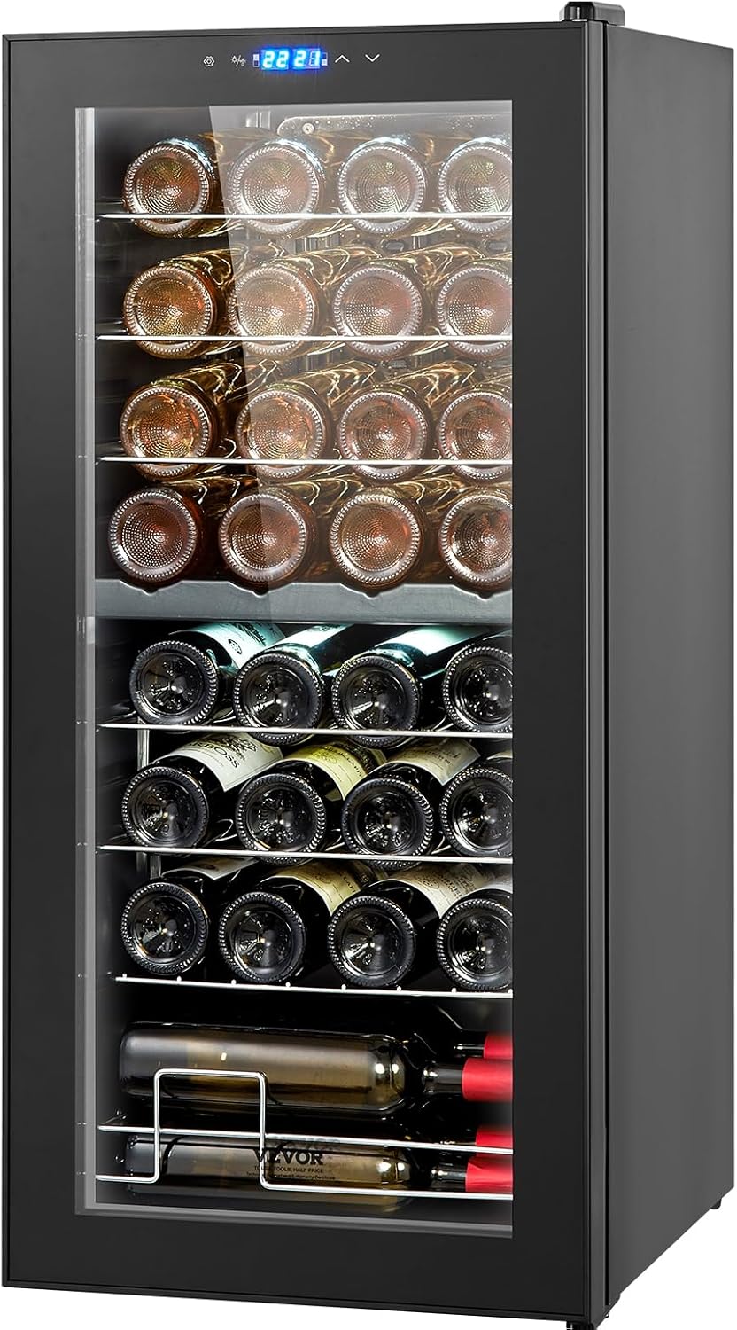 VEVOR Enfriador de Vino para 32 Botellas de Doble Zona y Temperatura, Independiente con Control Digital, Puerta Vidrio Templado Protección UV, Vino Tinto y Blanco para Bar en Casa, 430 x 450 x 943 mm