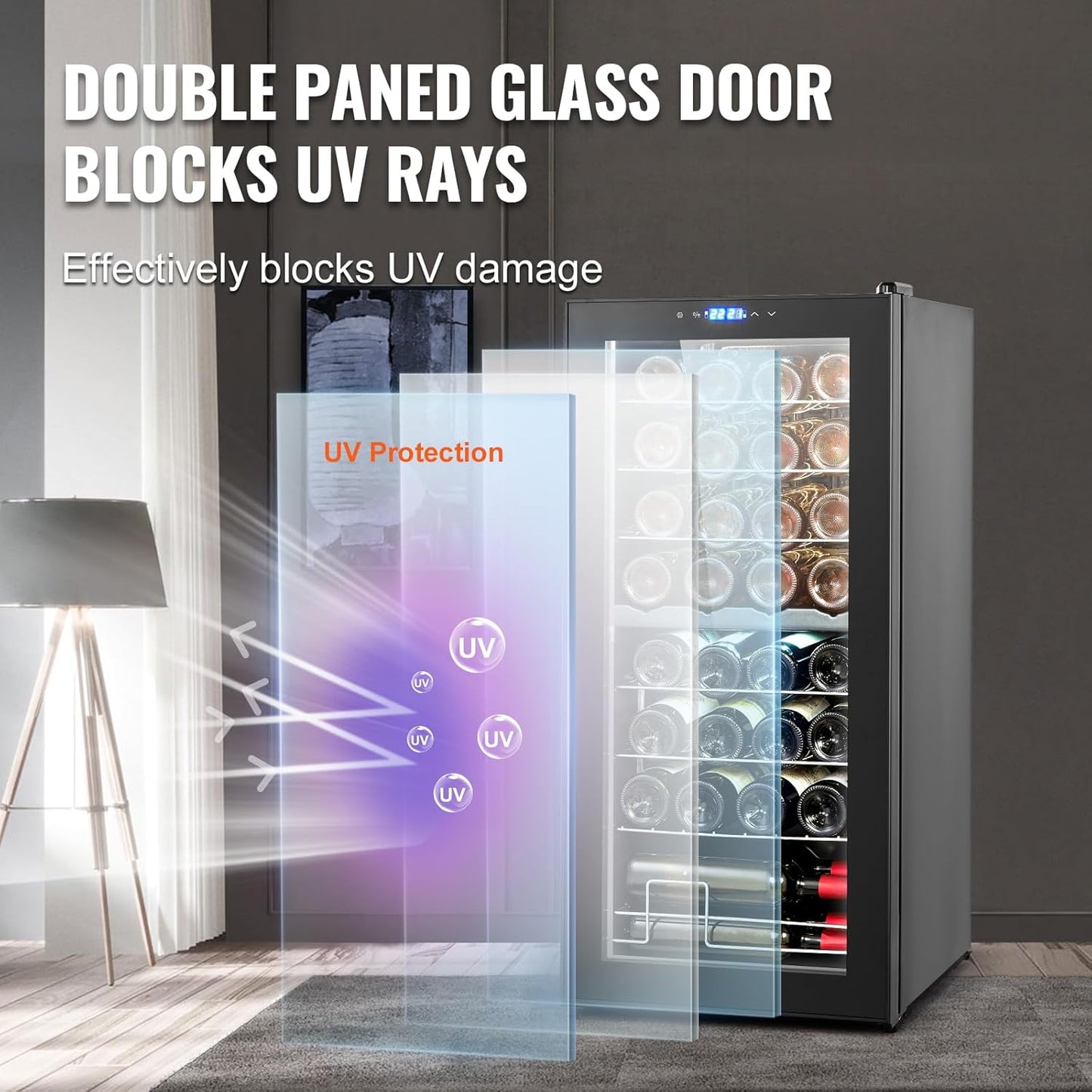 VEVOR Enfriador de Vino para 32 Botellas de Doble Zona y Temperatura, Independiente con Control Digital, Puerta Vidrio Templado Protección UV, Vino Tinto y Blanco para Bar en Casa, 430 x 450 x 943 mm