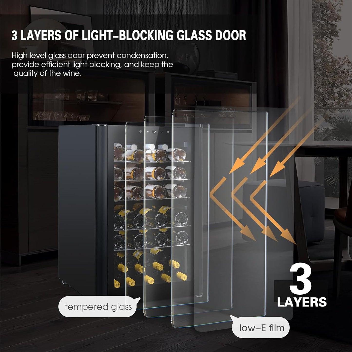 HCK Vinoteca, Nevera para Vinos 1 Zona de Refrigeración, 48 Botellas, 115 L, 4-22°C, Pequeña Nevera de 85 cm de Altura Con Panel Táctil, Nevera Silenciosa con Puerta de Vidrio, Negro