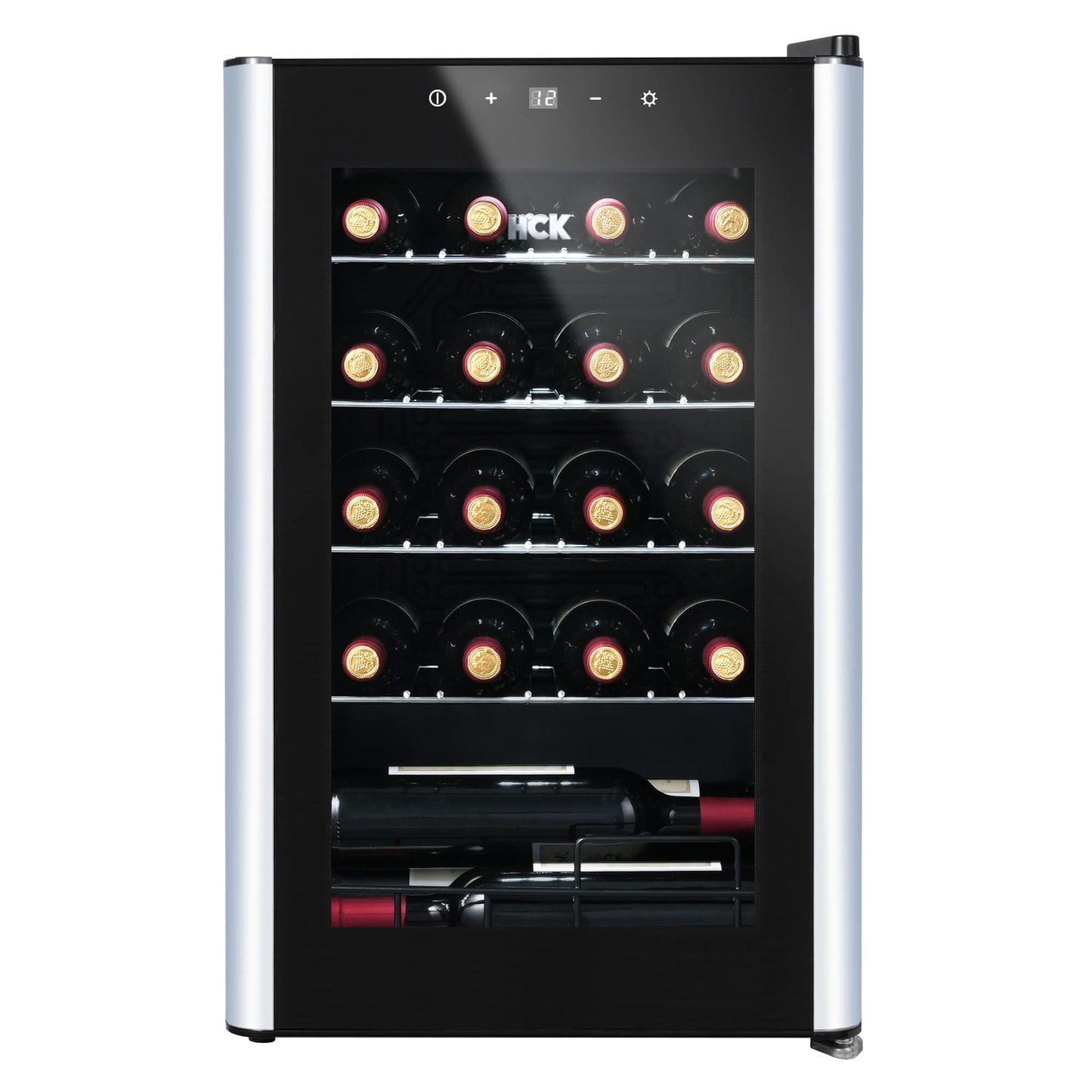 HCK Vinoteca, Nevera para Vinos 1 Zona de Refrigeración, 48 Botellas, 115 L, 4-22°C, Pequeña Nevera de 85 cm de Altura Con Panel Táctil, Nevera Silenciosa con Puerta de Vidrio, Negro