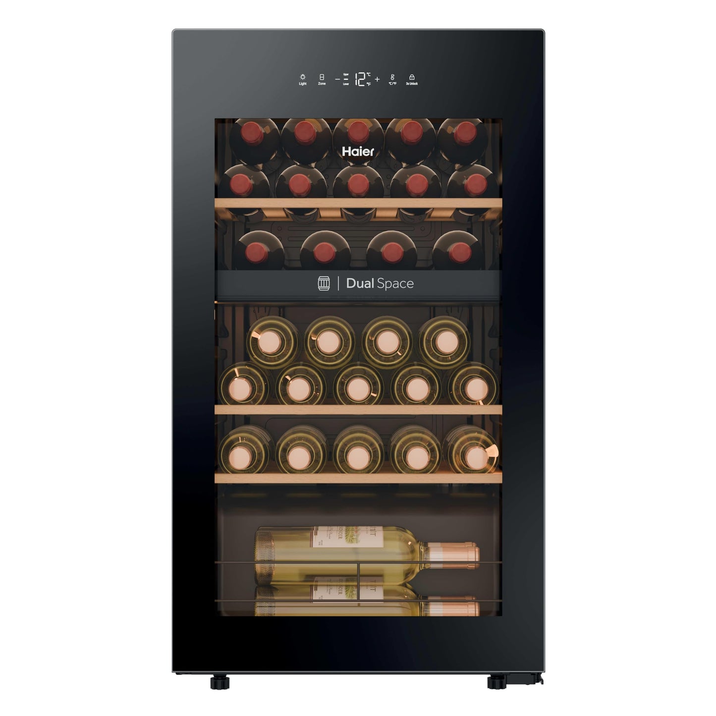 Haier Wine Bank 50 Series 7 HWS42GDAU1- Vinoteca de 42 botellas, Estantes de madera, Filtro Anti-UV, Filtro de carbón, Refrigeración por Compresor, Display Digital, Iluminación LED, Silenciosa 37 dbA
