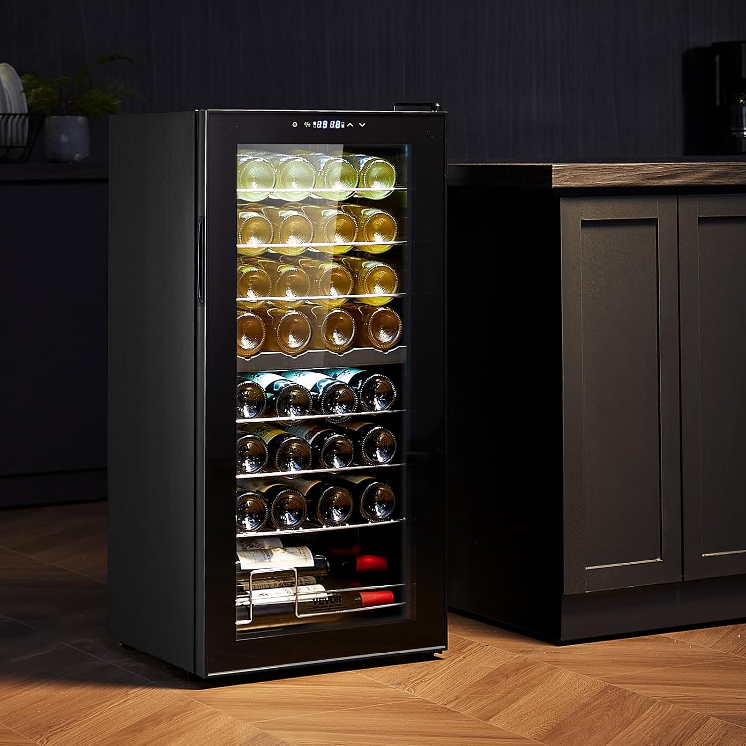 VEVOR Enfriador de Vino para 32 Botellas de Doble Zona y Temperatura, Independiente con Control Digital, Puerta Vidrio Templado Protección UV, Vino Tinto y Blanco para Bar en Casa, 430 x 450 x 943 mm