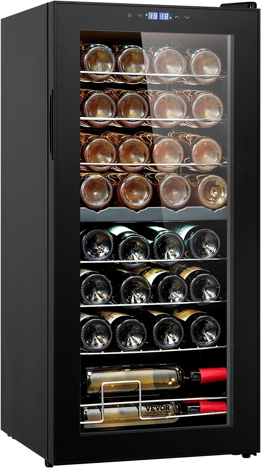 VEVOR Enfriador de Vino para 32 Botellas de Doble Zona y Temperatura, Independiente con Control Digital, Puerta Vidrio Templado Protección UV, Vino Tinto y Blanco para Bar en Casa, 430 x 450 x 943 mm