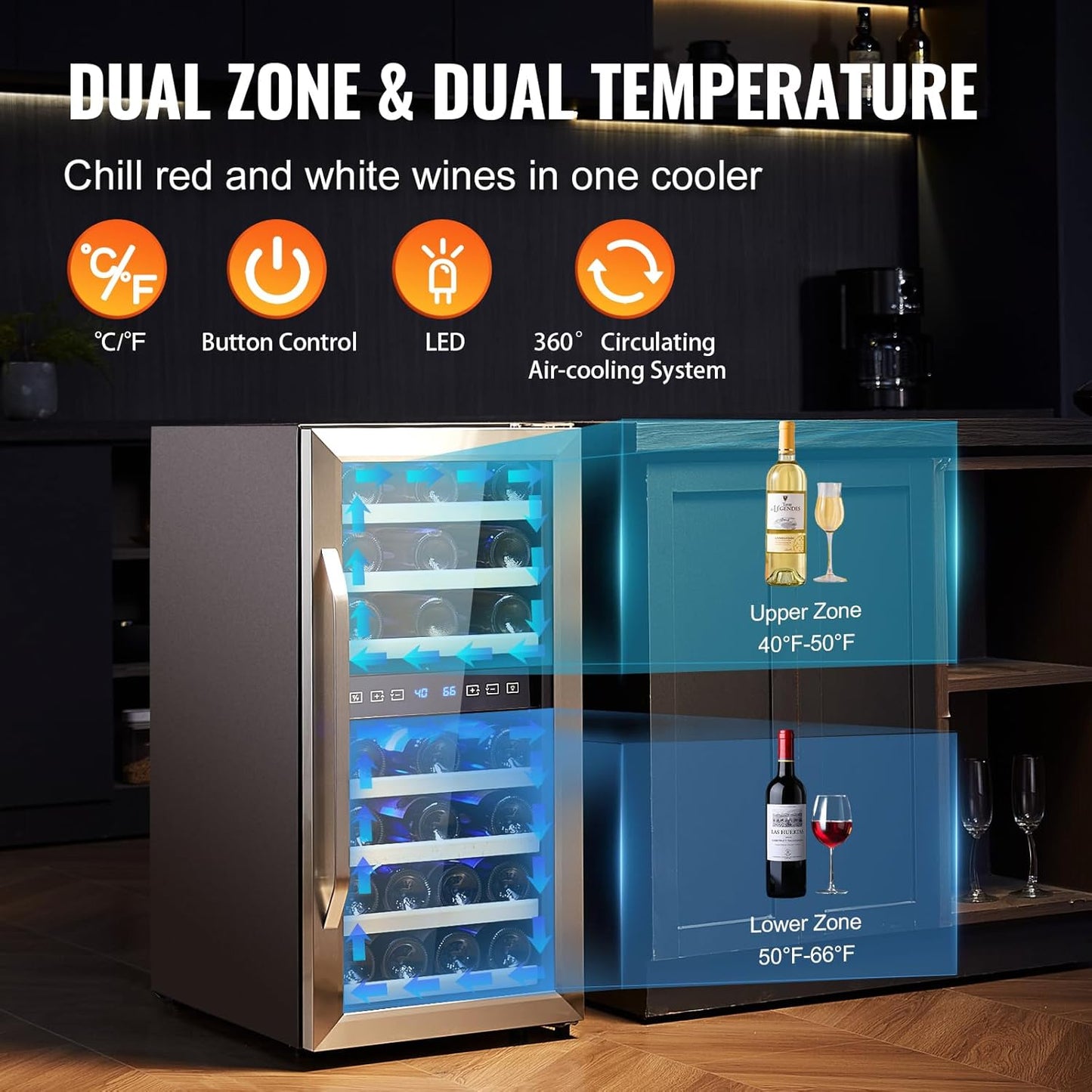 VEVOR Enfriador de Vino para 33 Botellas de Doble Zona y Temperatura, Independiente con Refrigeración por Aire Circulante y Control Digital, Puerta de Vidrio Templado Protección UV, 395 x 580 x 840 mm