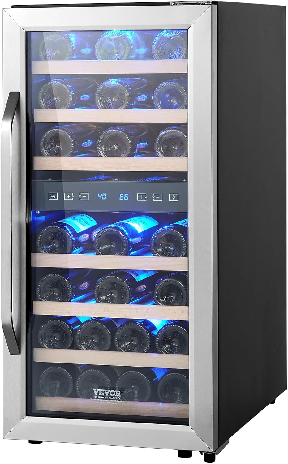 VEVOR Enfriador de Vino para 33 Botellas de Doble Zona y Temperatura, Independiente con Refrigeración por Aire Circulante y Control Digital, Puerta de Vidrio Templado Protección UV, 395 x 580 x 840 mm