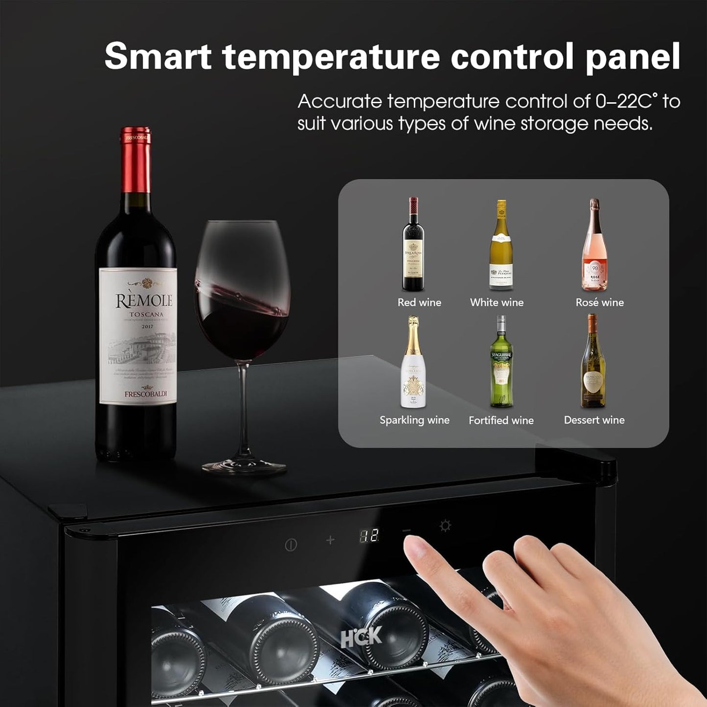 HCK Vinoteca, Nevera para Vinos 1 Zona de Refrigeración, 48 Botellas, 115 L, 4-22°C, Pequeña Nevera de 85 cm de Altura Con Panel Táctil, Nevera Silenciosa con Puerta de Vidrio, Negro