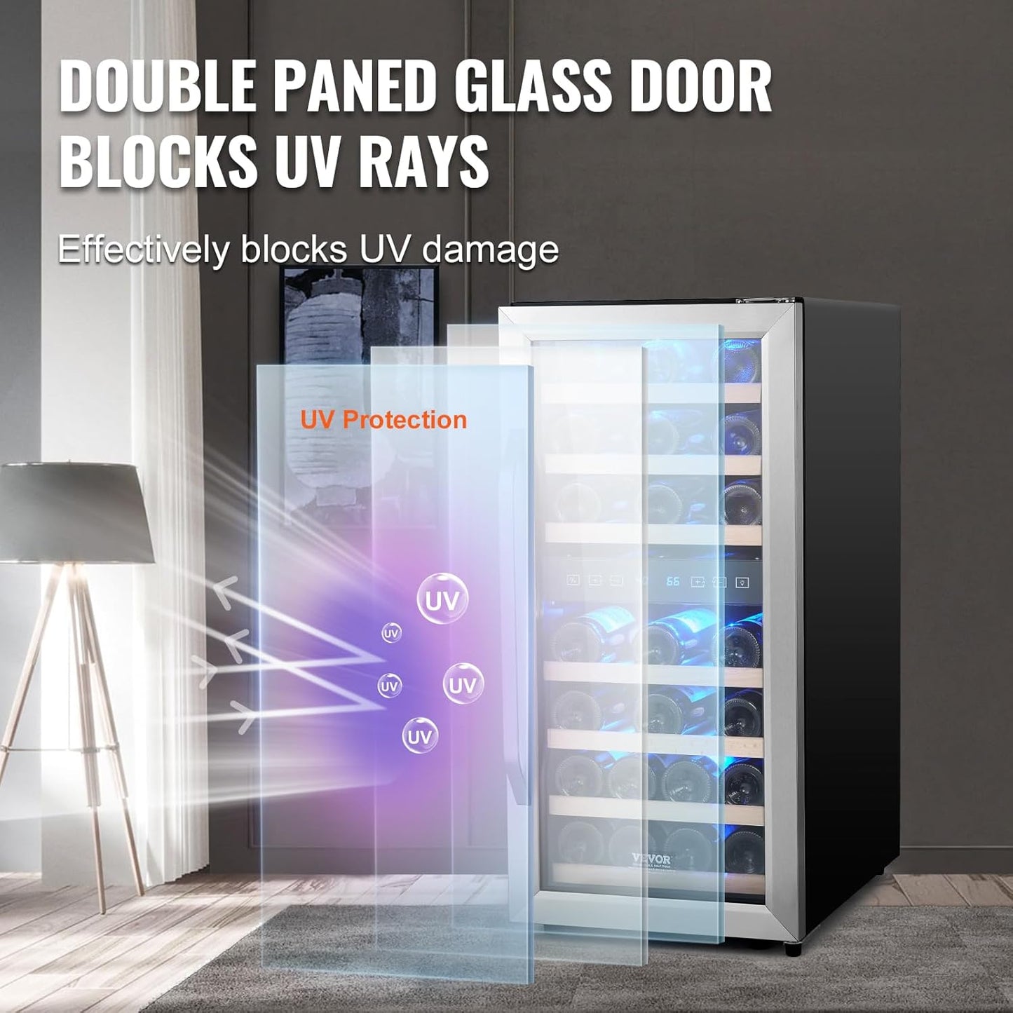 VEVOR Enfriador de Vino para 33 Botellas de Doble Zona y Temperatura, Independiente con Refrigeración por Aire Circulante y Control Digital, Puerta de Vidrio Templado Protección UV, 395 x 580 x 840 mm