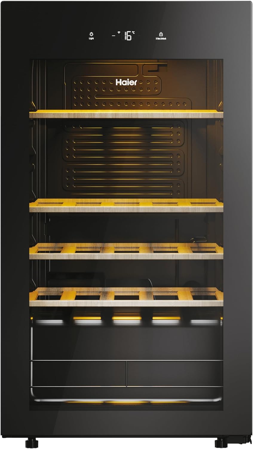Haier Wine Bank 50 Series 3 HWS34GGH1 - Vinoteca 34 botellas, WIFI, Estantes de madera, Filtro Anti-UV, Filtro de carbón, Filtro de carbón, Display Digital, Iluminación LED, Silenciosa 37 dbA, Negra