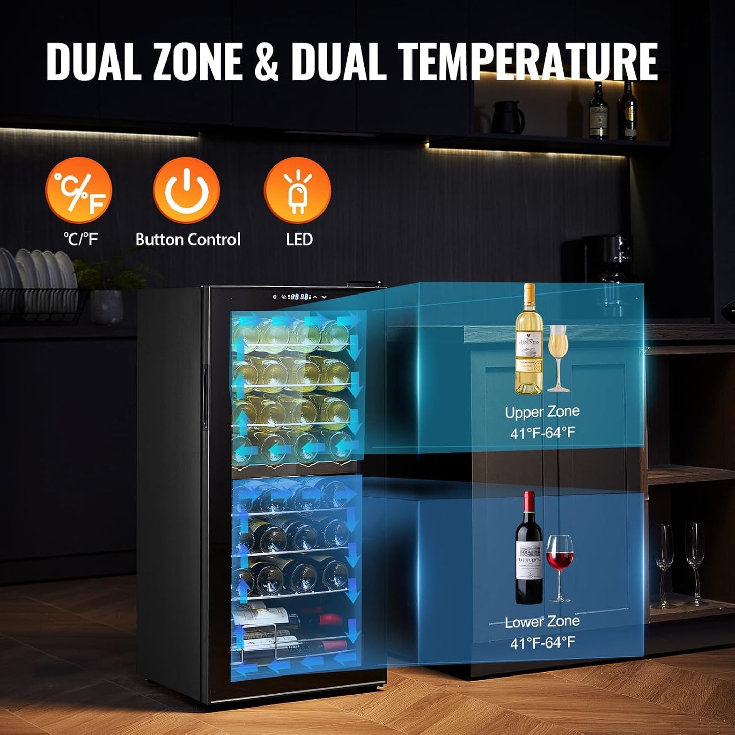 VEVOR Enfriador de Vino para 32 Botellas de Doble Zona y Temperatura, Independiente con Control Digital, Puerta Vidrio Templado Protección UV, Vino Tinto y Blanco para Bar en Casa, 430 x 450 x 943 mm