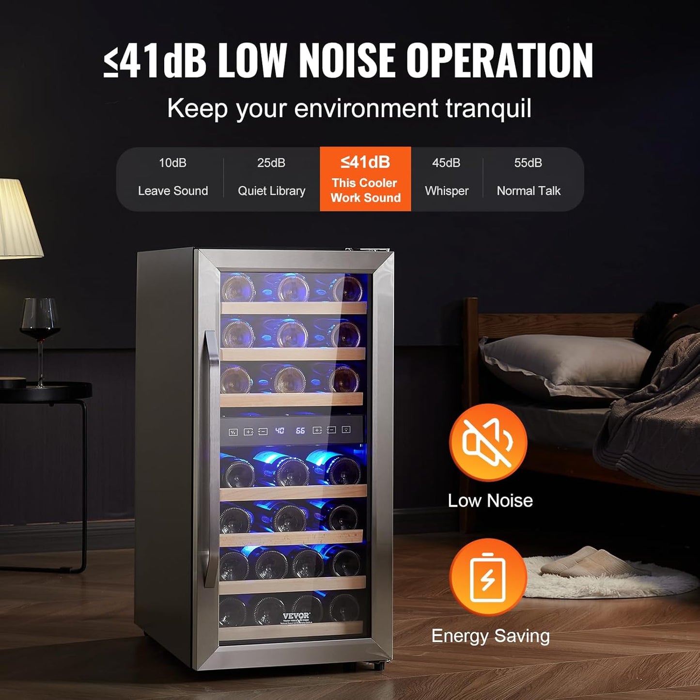 VEVOR Enfriador de Vino para 33 Botellas de Doble Zona y Temperatura, Independiente con Refrigeración por Aire Circulante y Control Digital, Puerta de Vidrio Templado Protección UV, 395 x 580 x 840 mm
