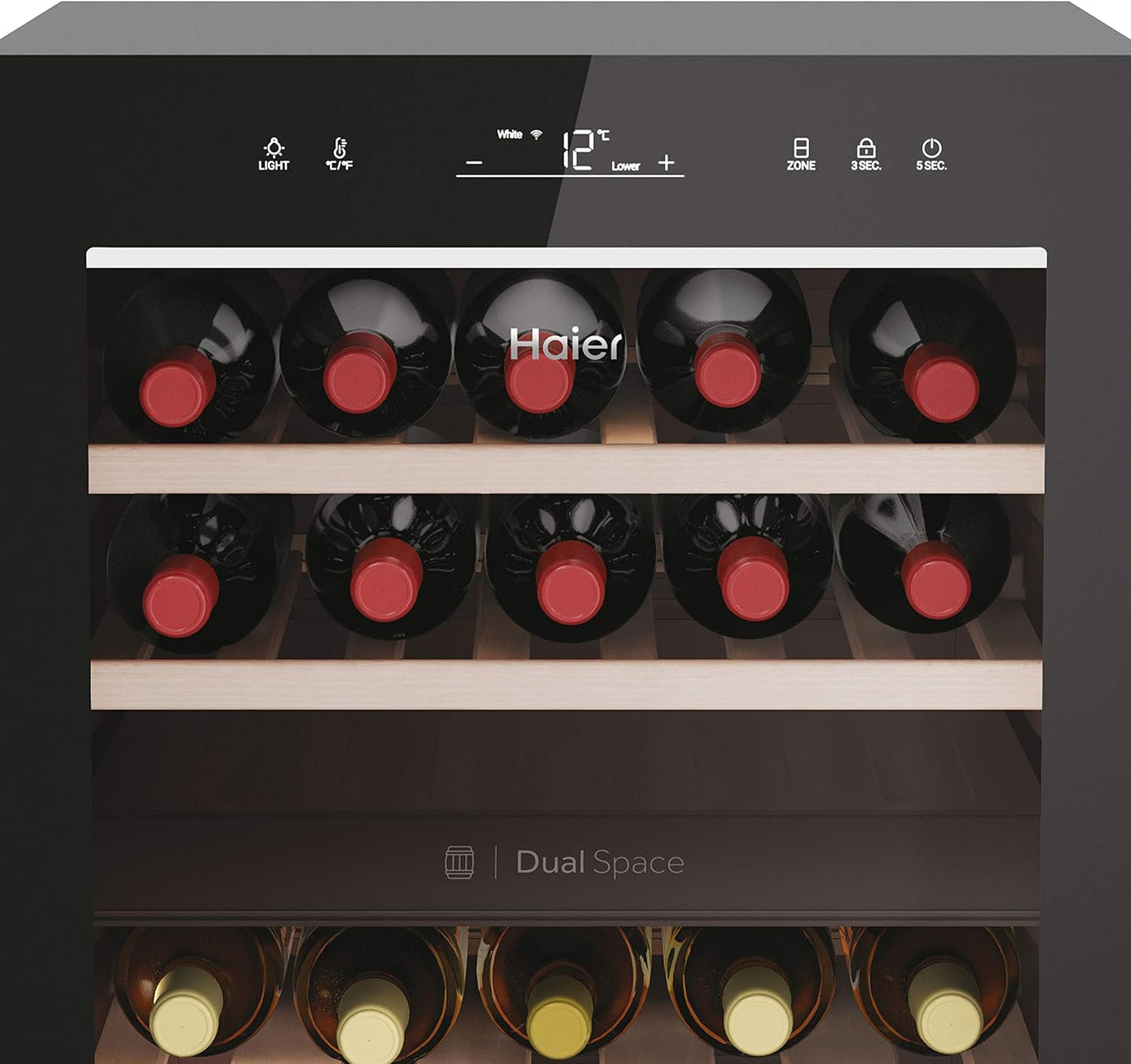 Haier Wine Bank 50 Series 7 HWS42GDAU1- Vinoteca de 42 botellas, Estantes de madera, Filtro Anti-UV, Filtro de carbón, Refrigeración por Compresor, Display Digital, Iluminación LED, Silenciosa 37 dbA