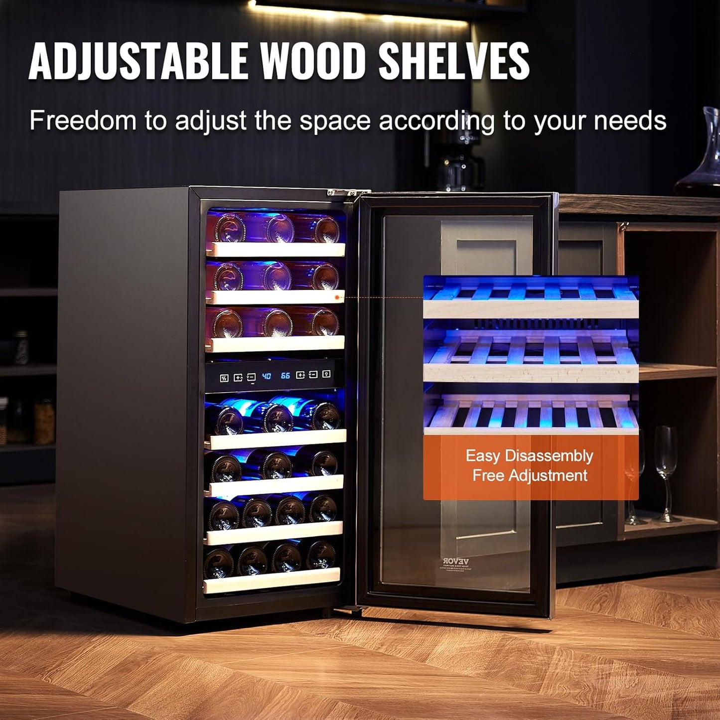 VEVOR Enfriador de Vino para 33 Botellas de Doble Zona y Temperatura, Independiente con Refrigeración por Aire Circulante y Control Digital, Puerta de Vidrio Templado Protección UV, 395 x 580 x 840 mm