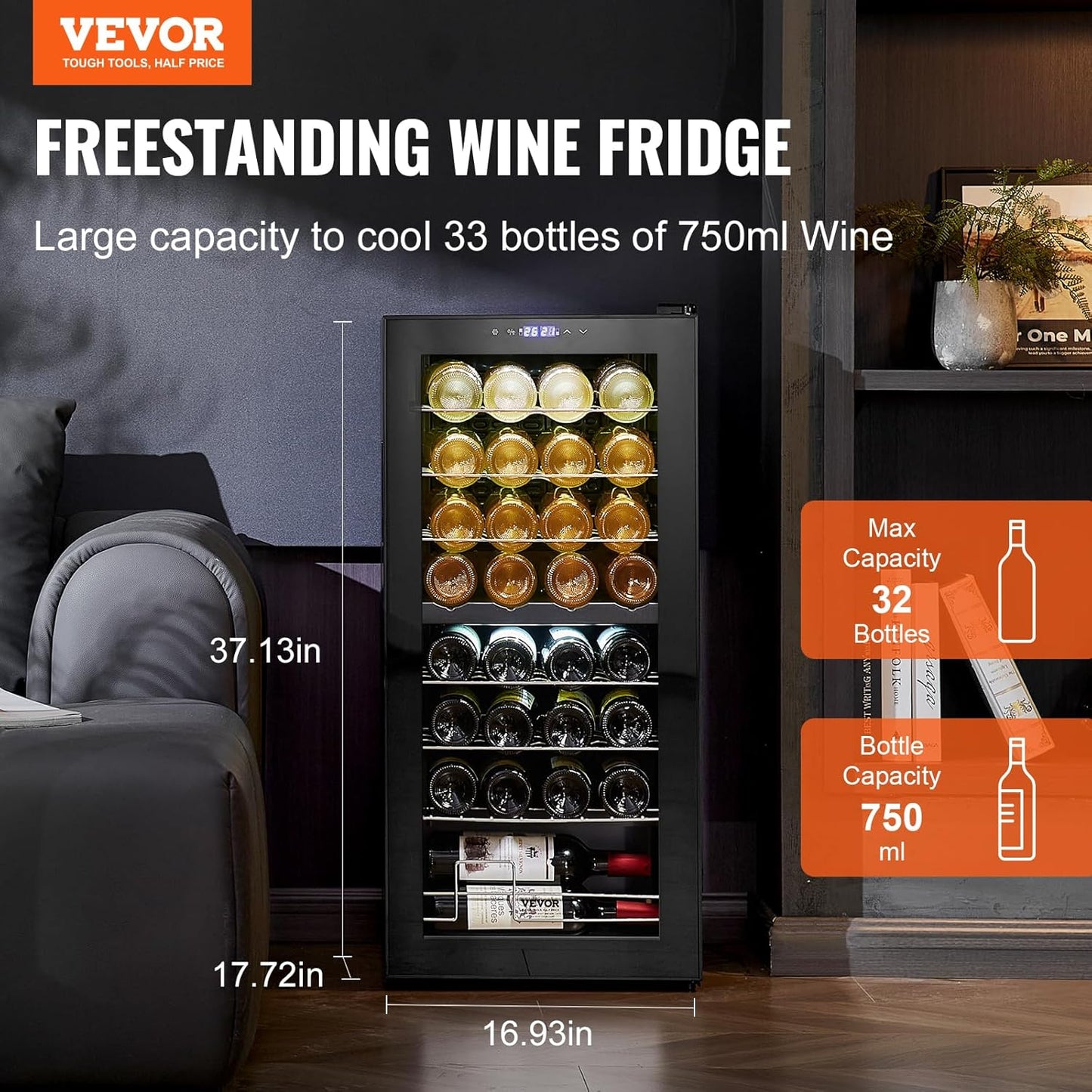 VEVOR Enfriador de Vino para 32 Botellas de Doble Zona y Temperatura, Independiente con Control Digital, Puerta Vidrio Templado Protección UV, Vino Tinto y Blanco para Bar en Casa, 430 x 450 x 943 mm