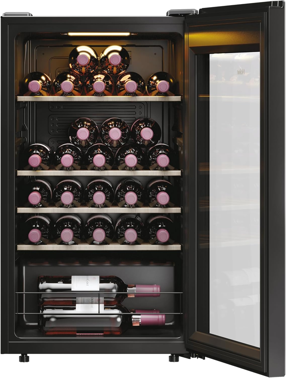Haier Wine Bank 50 Series 3 HWS34GGH1 - Vinoteca 34 botellas, WIFI, Estantes de madera, Filtro Anti-UV, Filtro de carbón, Filtro de carbón, Display Digital, Iluminación LED, Silenciosa 37 dbA, Negra