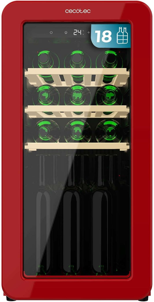 Cecotec Vinoteca 18 Botellas Retro Bolero Grandsommelier Origin 18 Hit Red. Acabo En Rojo Con Control LED, Temp. 5-20ºC, Compresor, NoFrost, Estantes Cadera, Cuz Interior, Ventilación