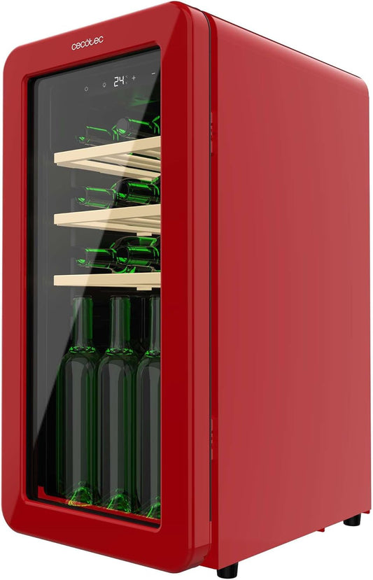 Cecotec Vinoteca 18 Botellas Retro Bolero Grandsommelier Origin 18 Hit Red. Acabo En Rojo Con Control LED, Temp. 5-20ºC, Compresor, NoFrost, Estantes Cadera, Cuz Interior, Ventilación