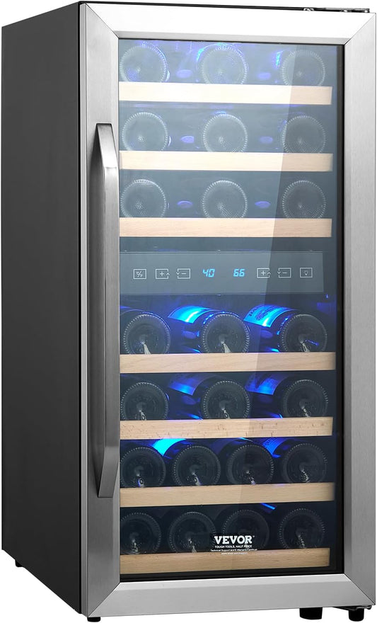 VEVOR Enfriador de Vino para 33 Botellas de Doble Zona y Temperatura, Independiente con Refrigeración por Aire Circulante y Control Digital, Puerta de Vidrio Templado Protección UV, 395 x 580 x 840 mm