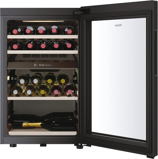 Haier Wine Bank 50 Series 7 HWS42GDAU1- Vinoteca de 42 botellas, Estantes de madera, Filtro Anti-UV, Filtro de carbón, Refrigeración por Compresor, Display Digital, Iluminación LED, Silenciosa 37 dbA