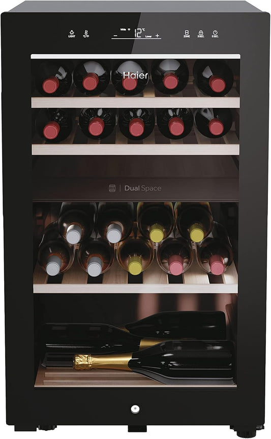 Haier Wine Bank 50 Series 7 HWS42GDAU1- Vinoteca de 42 botellas, Estantes de madera, Filtro Anti-UV, Filtro de carbón, Refrigeración por Compresor, Display Digital, Iluminación LED, Silenciosa 37 dbA