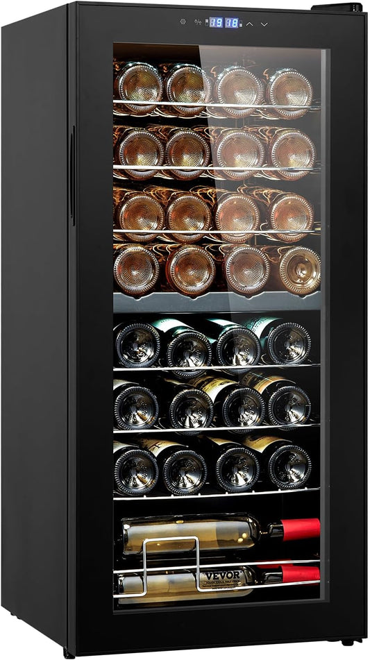 VEVOR Enfriador de Vino para 32 Botellas de Doble Zona y Temperatura, Independiente con Control Digital, Puerta Vidrio Templado Protección UV, Vino Tinto y Blanco para Bar en Casa, 430 x 450 x 943 mm