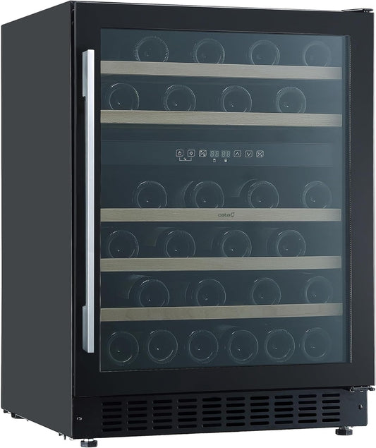 Cata Vinoteca VI 59082 BK No Frost Capacidad 46 Botellas Control Electrónico de Temperatura Panel Touch Control Digital Luz Interior LED Puerta Reversible Ventilación Interna Ancho 59,5 cm Color Negro