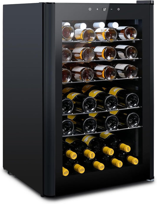 HCK Vinoteca, Nevera para Vinos 1 Zona de Refrigeración, 48 Botellas, 115 L, 4-22°C, Pequeña Nevera de 85 cm de Altura Con Panel Táctil, Nevera Silenciosa con Puerta de Vidrio, Negro