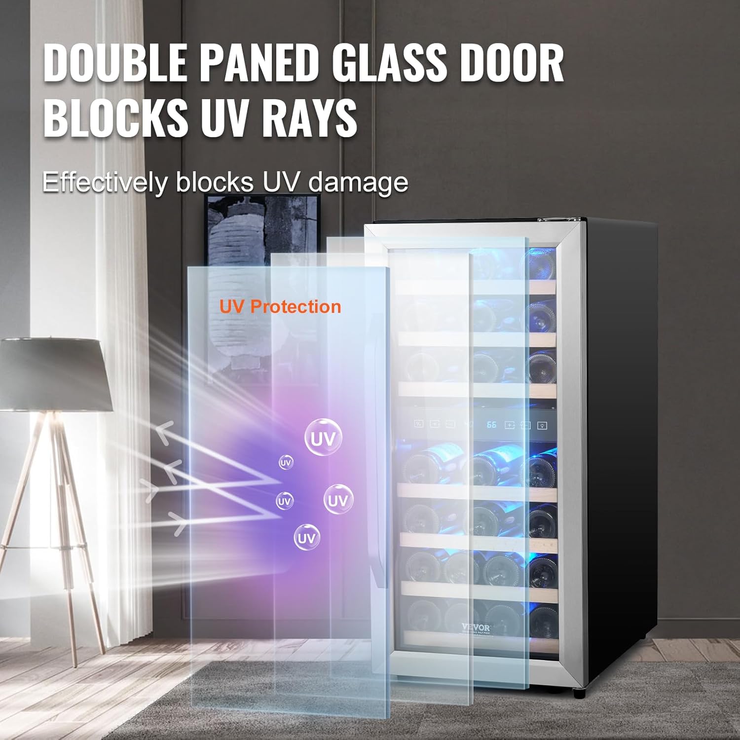 VEVOR Enfriador de Vino para 33 Botellas de Doble Zona y Temperatura, Independiente con Refrigeración por Aire Circulante y Control Digital, Puerta de Vidrio Templado Protección UV, 395 x 580 x 840 mm