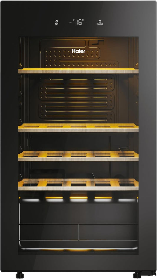 Haier Wine Bank 50 Series 3 HWS34GGH1 - Vinoteca 34 botellas, WIFI, Estantes de madera, Filtro Anti-UV, Filtro de carbón, Filtro de carbón, Display Digital, Iluminación LED, Silenciosa 37 dbA, Negra