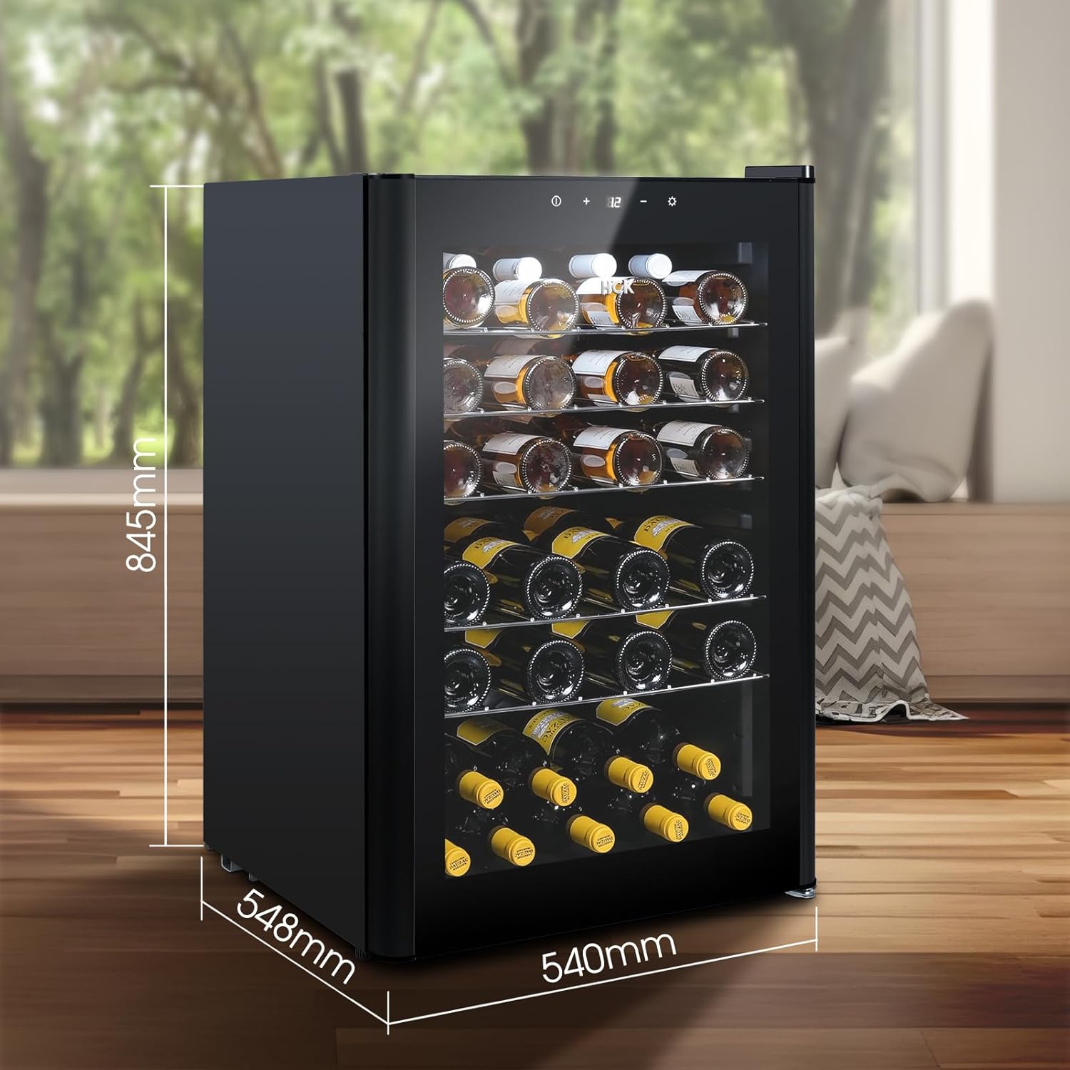 HCK Vinoteca, Nevera para Vinos 1 Zona de Refrigeración, 48 Botellas, 115 L, 4-22°C, Pequeña Nevera de 85 cm de Altura Con Panel Táctil, Nevera Silenciosa con Puerta de Vidrio, Negro