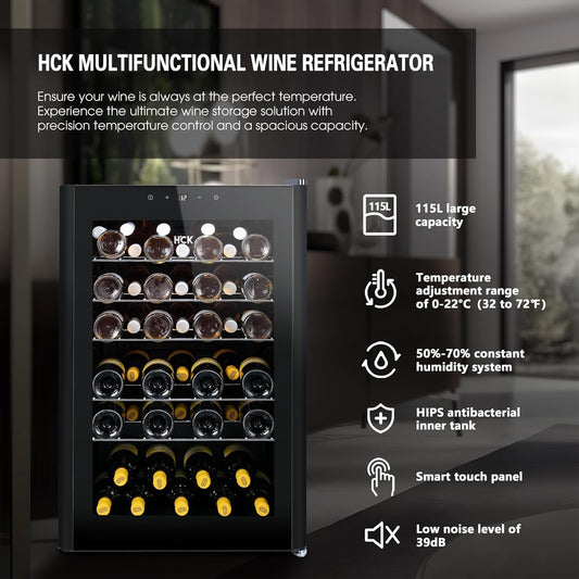 HCK Vinoteca, Nevera para Vinos 1 Zona de Refrigeración, 48 Botellas, 115 L, 4-22°C, Pequeña Nevera de 85 cm de Altura Con Panel Táctil, Nevera Silenciosa con Puerta de Vidrio, Negro