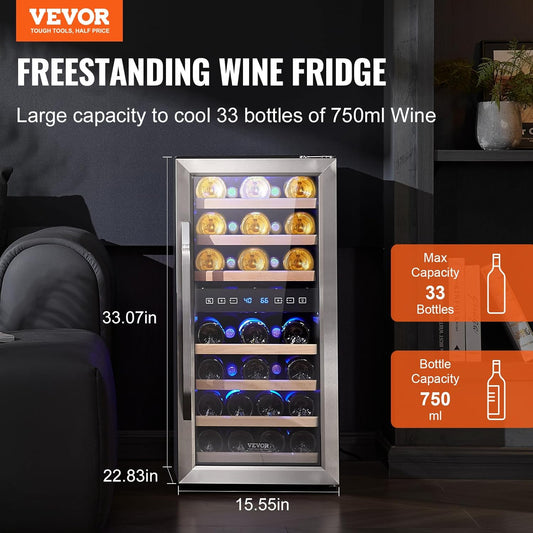 VEVOR Enfriador de Vino para 33 Botellas de Doble Zona y Temperatura, Independiente con Refrigeración por Aire Circulante y Control Digital, Puerta de Vidrio Templado Protección UV, 395 x 580 x 840 mm