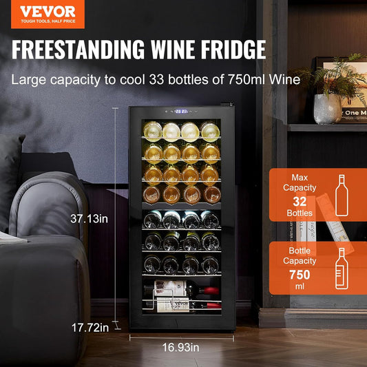 VEVOR Enfriador de Vino para 32 Botellas de Doble Zona y Temperatura, Independiente con Control Digital, Puerta Vidrio Templado Protección UV, Vino Tinto y Blanco para Bar en Casa, 430 x 450 x 943 mm